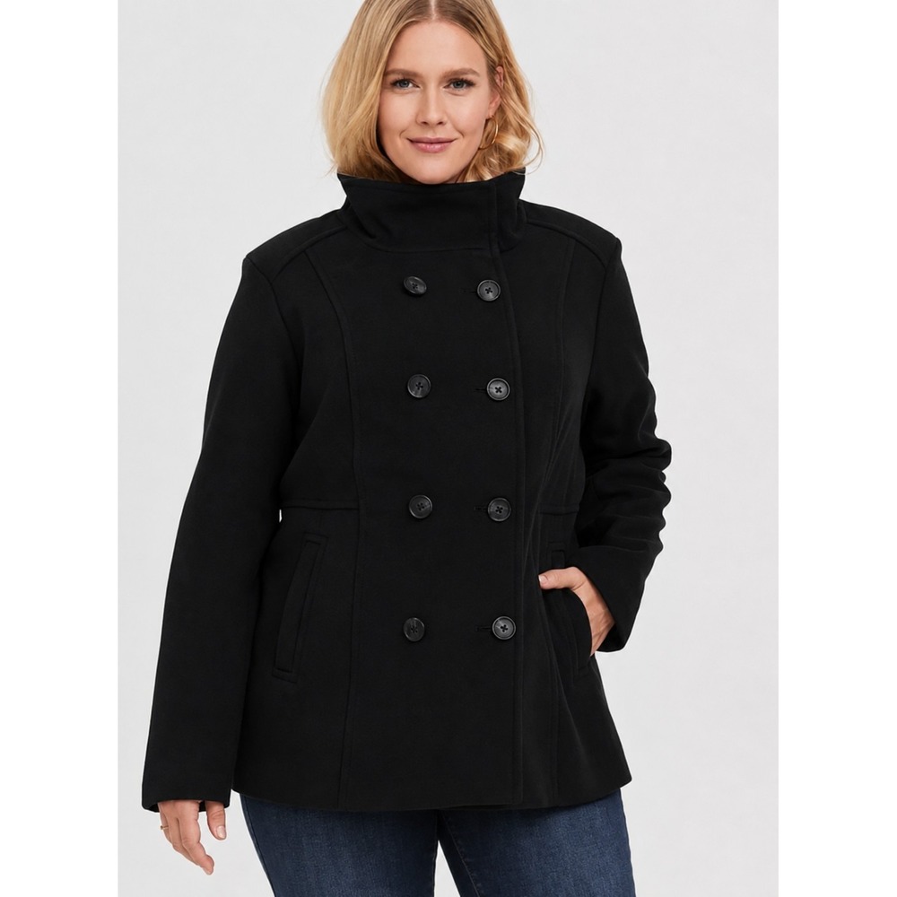 Torrid Womens 5 Black Stretch Long Sleeve High Neck Double Breasted Peacoat